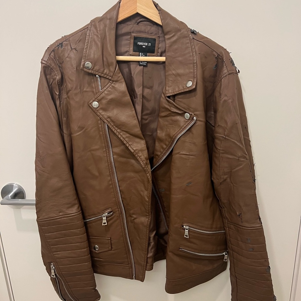 Forever 21 Brown Moto Leather Jacket (Size L) — Damaged
